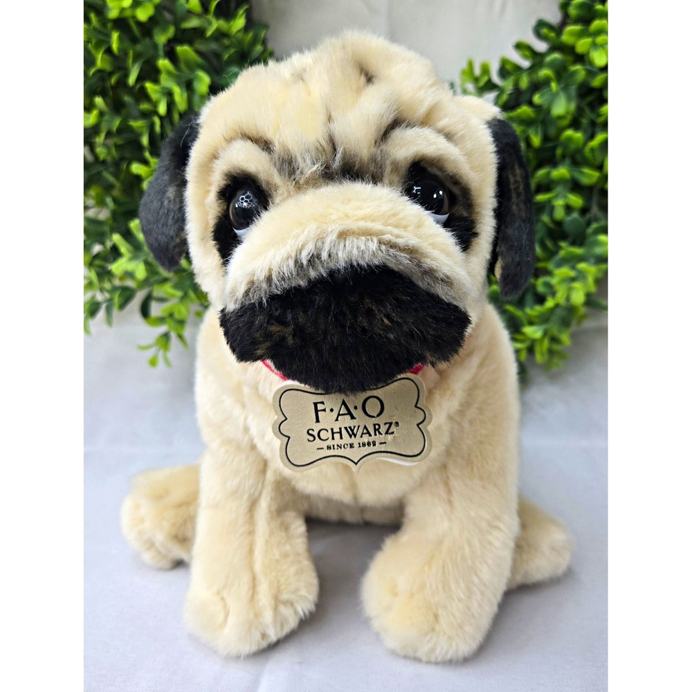 FAO Schwarz Pug Plush Stuffed Animal Dog 11" Realistic Tan Black Red Collar